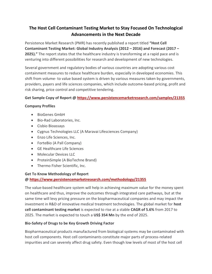 the host cell contaminant testing market to stay