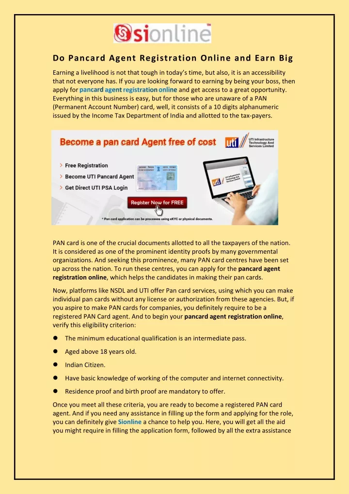 do pancard agent registration online and earn big