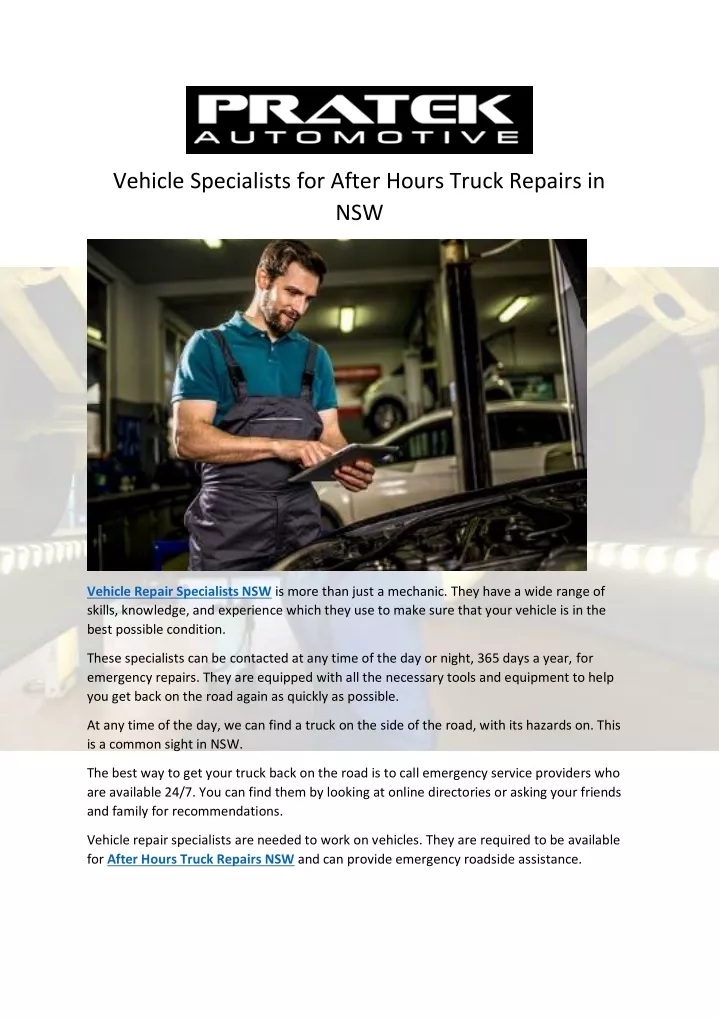 vehicle specialists for after hours truck repairs
