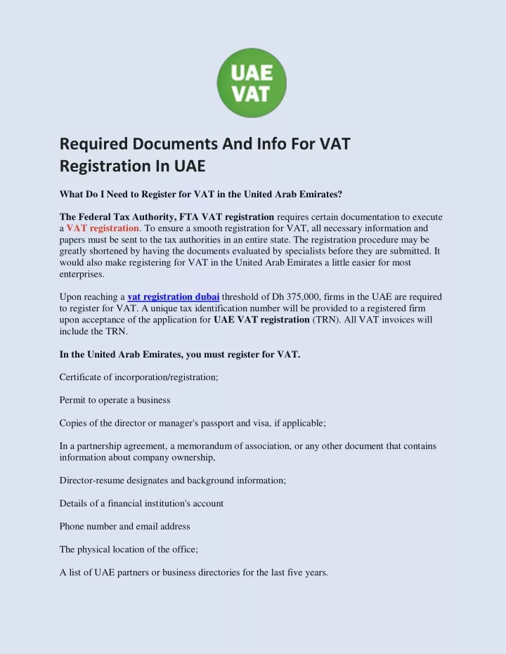 required documents and info for vat registration