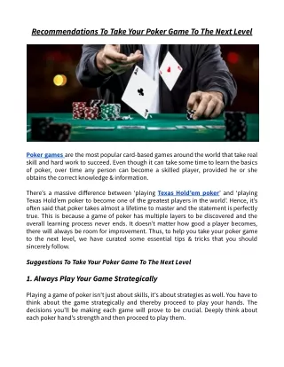 Recommendations To Take Your Poker Game To The Next Level