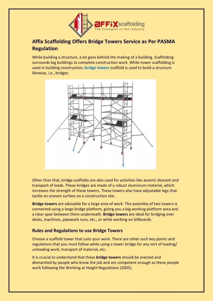 affix scaffolding offers bridge towers service