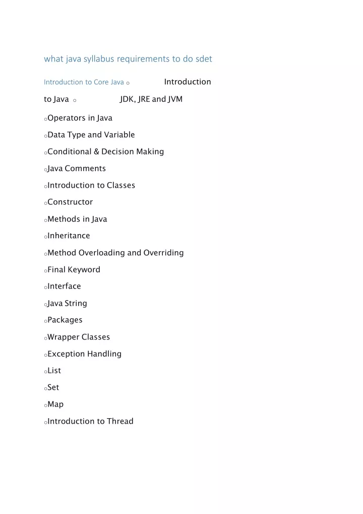 what java syllabus requirements to do sdet