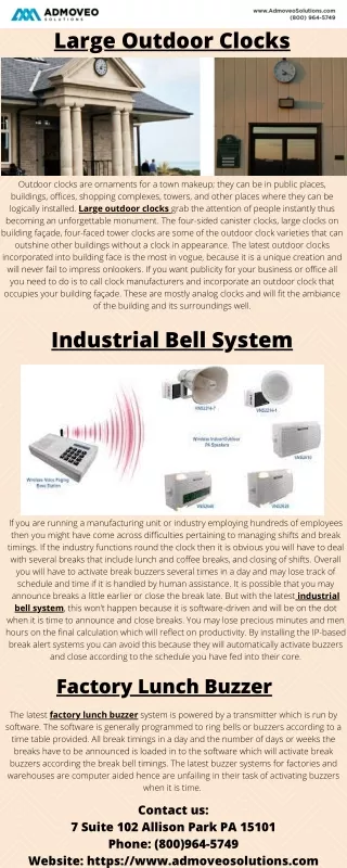 Admoveo Solutions Outdoor Clocks & Buzzer System