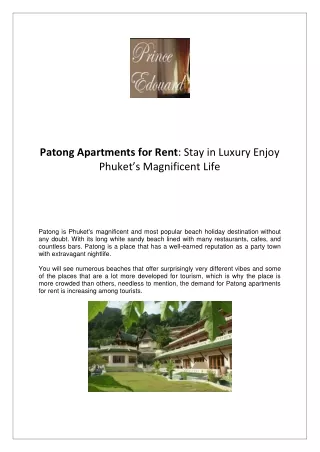 Patong Apartments for Rent - Stay in Luxury Enjoy Phuket’s Magnificent Life
