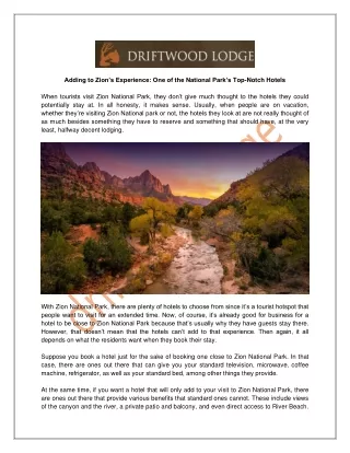 Adding to Zion’s Experience One of the National Park’s Top-Notch Hotels