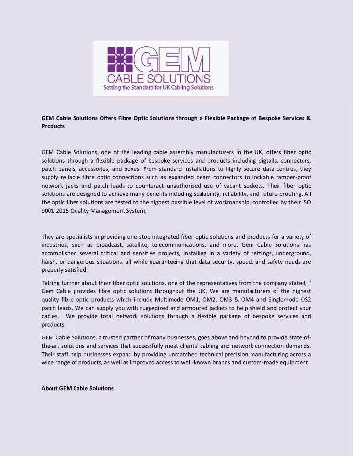gem cable solutions offers fibre optic solutions