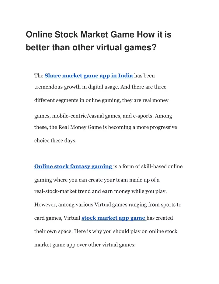 online stock market game how it is better than other virtual games