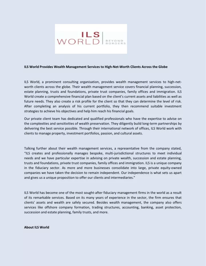 ils world provides wealth management services