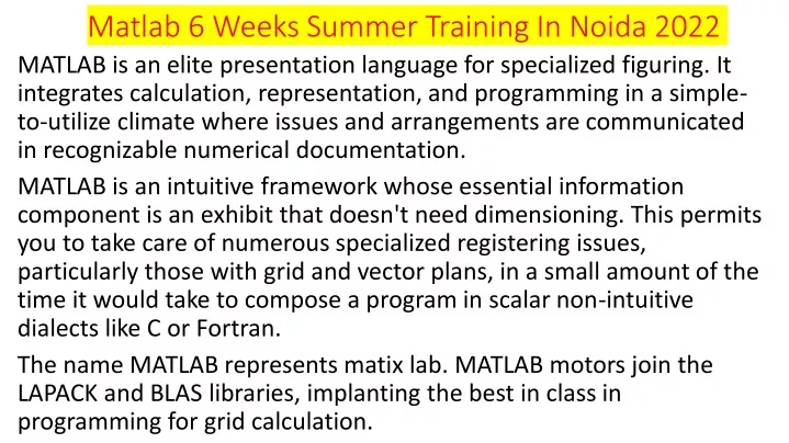 matlab 6 weeks summer training in noida 2022