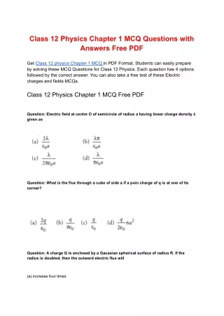 Class 12 Physics Chapter 1 MCQ Questions with Answers Free PDF