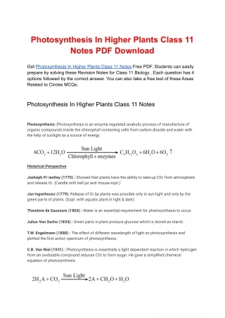 Photosynthesis In Higher Plants Class 11 Notes PDF Download