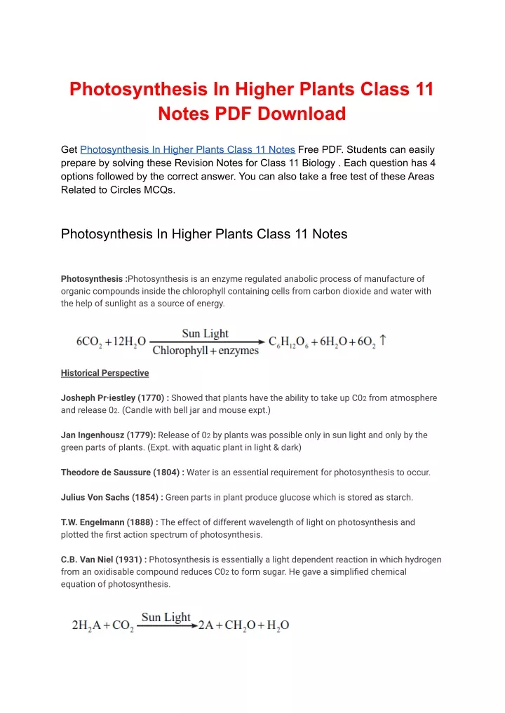 photosynthesis in higher plants class 11 notes