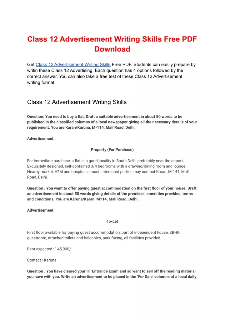 class 12 advertisement writing skills free