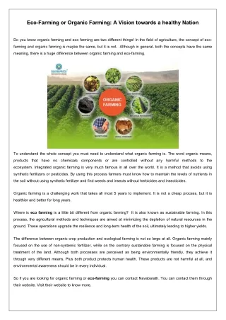 Eco-Farming or Organic Farming A Vision towards a healthy Nation