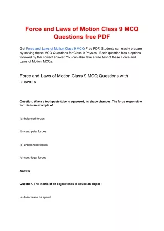 Force and Laws of Motion Class 9 MCQ Questions free PDF