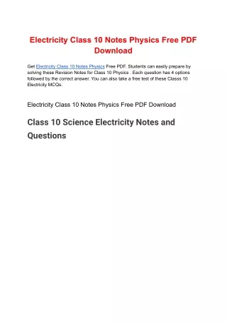 Electricity Class 10 Notes Physics Free PDF Download