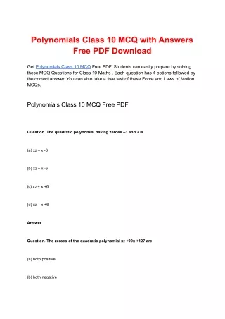 Polynomials Class 10 MCQ with Answers Free PDF Download