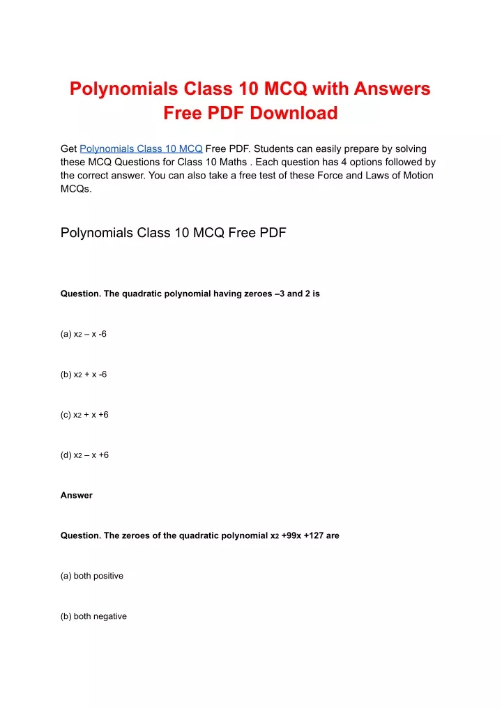 polynomials class 10 mcq with answers free