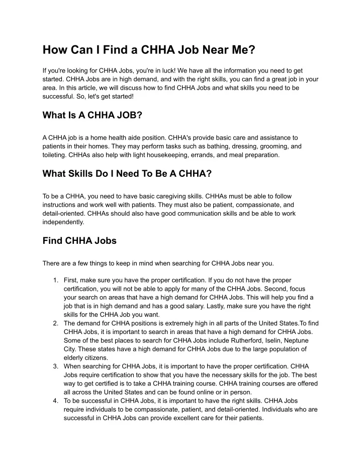 how can i find a chha job near me