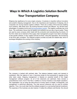 Ways In Which A Logistics Solution Benefit Your Transportation Company