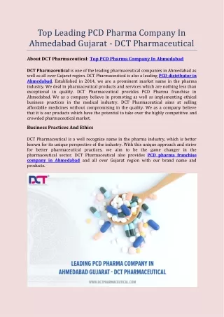DCT Pharmaceutical - Leading PCD Pharma Company in Ahmedabad