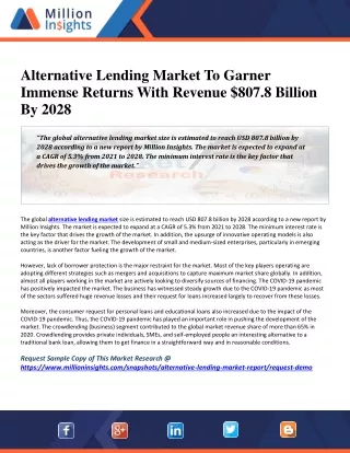Alternative Lending Market To Garner Immense Returns With Revenue $807.8 Billion By 2028