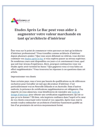 Etudes Après Le Bac peut vous aider à augmenter votre valeur marchande en tant qu'architecte d'intérieur