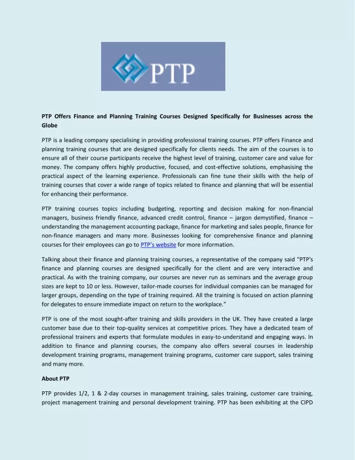ptp offers finance and planning training courses
