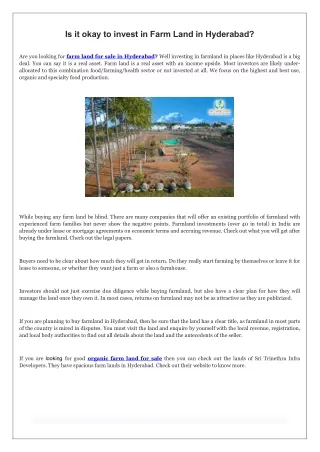 Is it okay to invest in Farm Land in Hyderabad