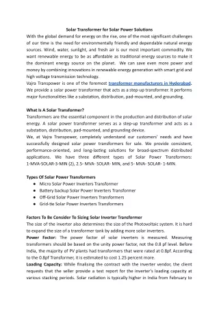 solar transformer for solar power solu ons with