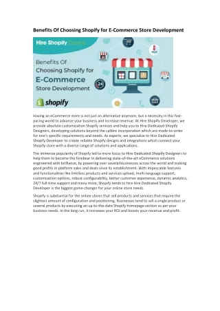 Benefits Of Choosing Shopify for E-Commerce Store Development