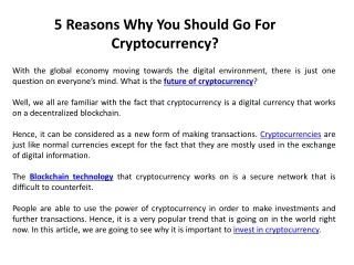 5 Reasons Why You Should Go For Cryptocurrency?