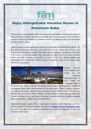Enjoy Unforgettable Vacation Homes in Downtown Dubai