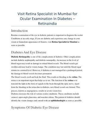 Visit Retina Specialist in Mumbai for Ocular Examination In Diabetes  -Retinaindia