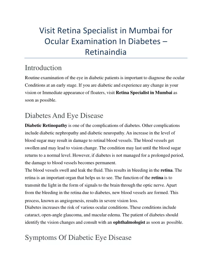 visit retina specialist in mumbai for ocular examination in diabetes retinaindia