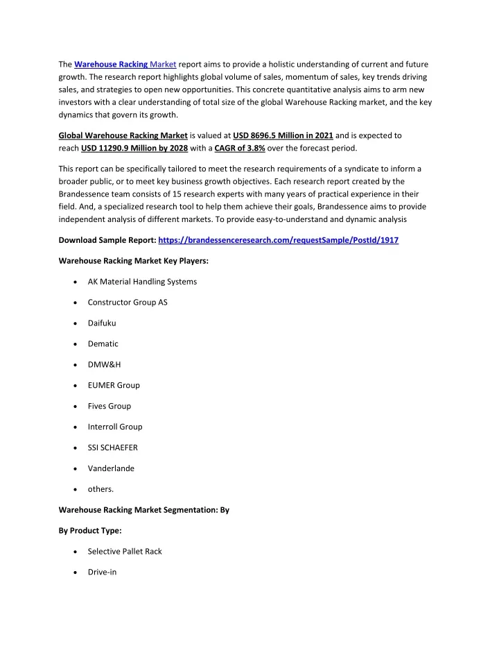 the warehouse racking market report aims