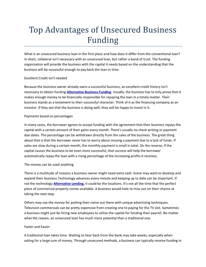 top advantages of unsecured business funding