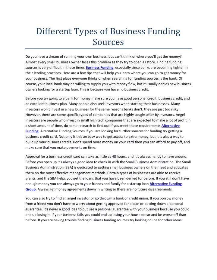 different types of business funding sources