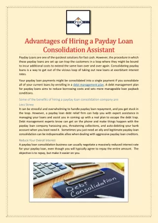 Advantages of Hiring a Payday Loan Consolidation Assistant