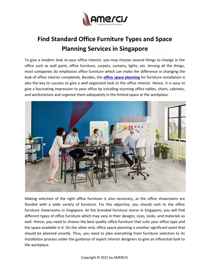 find standard office furniture types and space