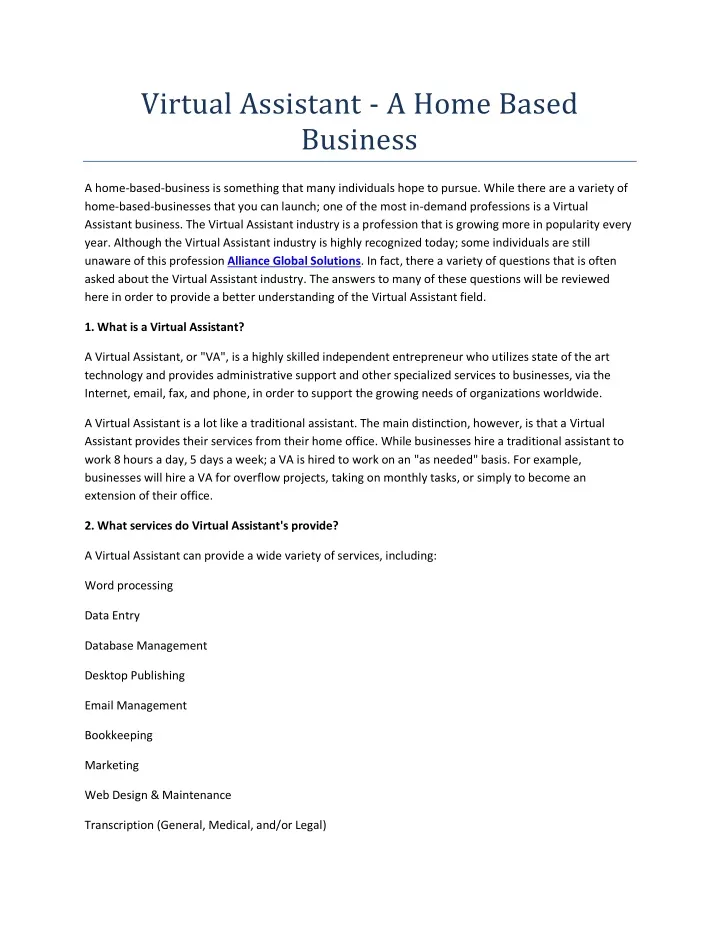 virtual assistant a home based business