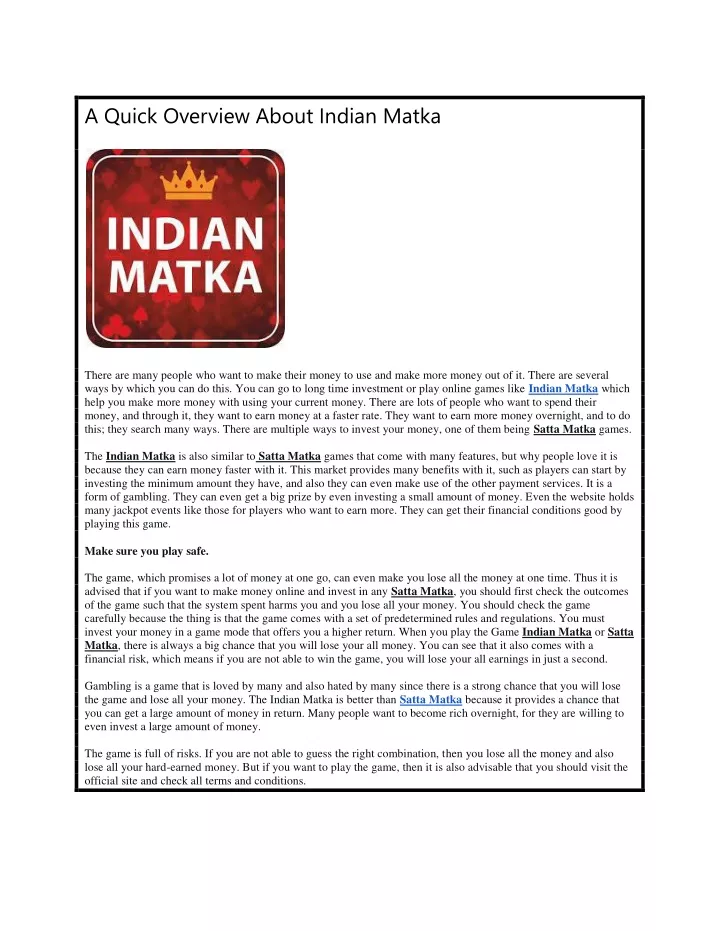 a quick overview about indian matka