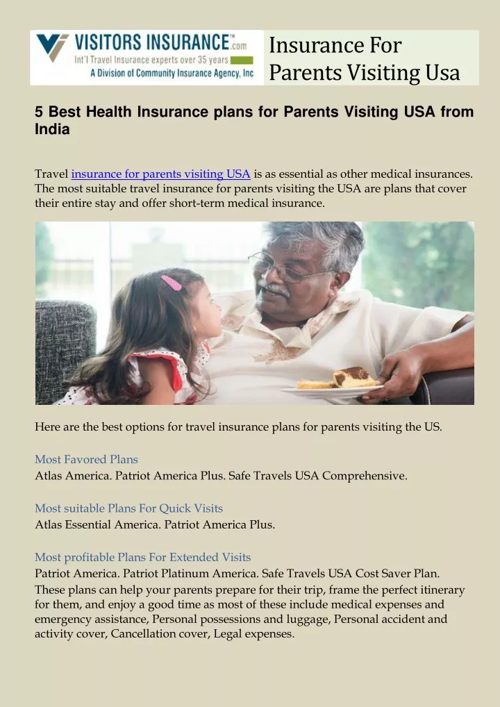 Insurance For Parents Visiting Usa Quora PPT - Insurance For Parents Visiting Usa. 5 Best Health Insurance plans