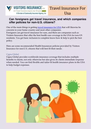 Travel Insurance For Usa.  Can foreigners get travel insurance, and which companies offer policies for non U.S. citizens