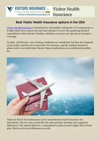 Visitor Health Insurance. Best Visitor Health Insurance options in the USA