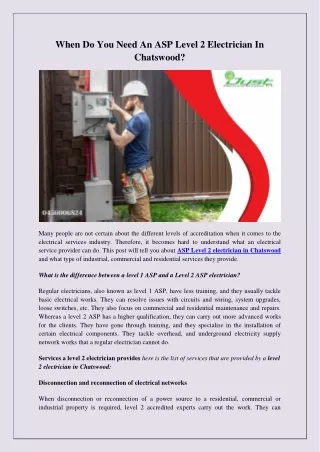 When do you need an ASP level 2 electrician in Chatswood