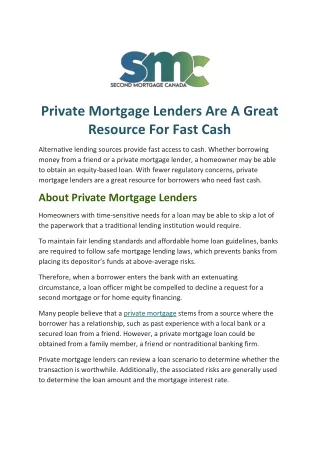 Private Mortgage Lenders Are A Great Resource For Fast Cash