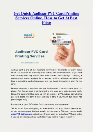 Aadhaar PVC Card Printing Services Online At Best Price