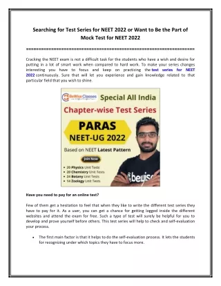 Searching for Test Series for NEET 2022 or Want to Be the Part of Mock Test for NEET 2022